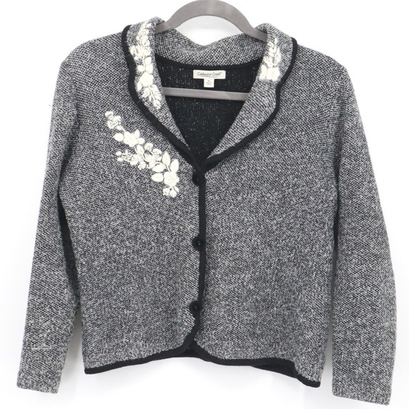 Coldwater Creek Embroidered Wool Cardigan Womens XL Gray Twee Cottagecore Granny - Picture 1 of 16
